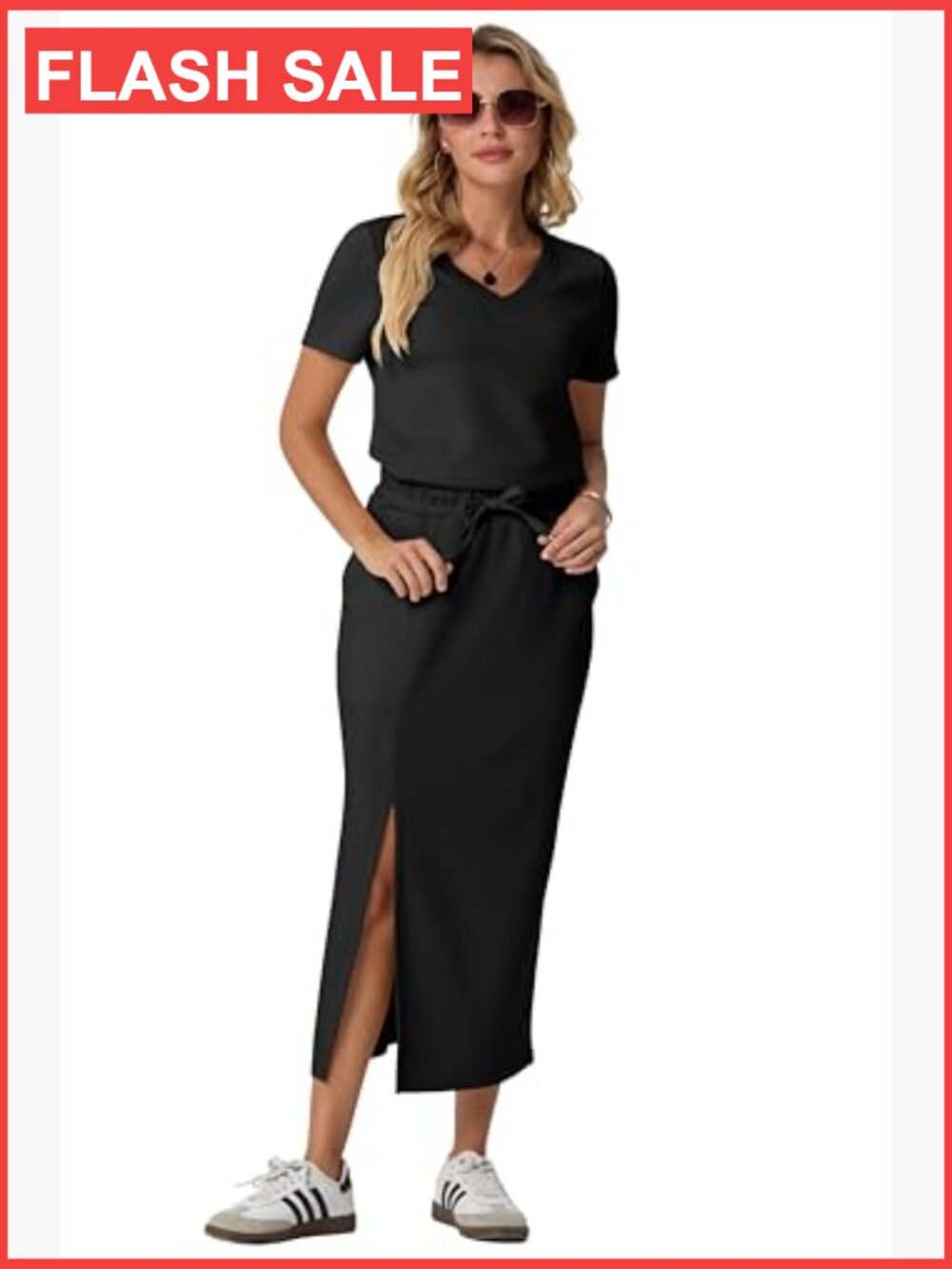 V-Neck Short Sleeve Top & Side Slit Midi Skirt Set with Pockets - Picture 4 of 7